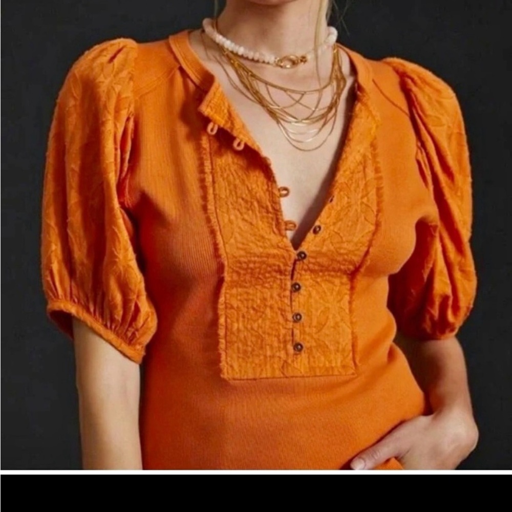 Anthropologie Orange Puff Sleeve Blouse